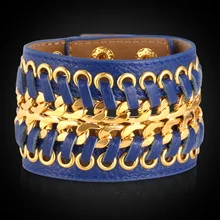 Браслет для мужчин, ювелирные изделия, изменяемые размеры, модные ювелирные изделия, трендовый золотой цвет, черный/синий, браслет из натуральной кожи H429