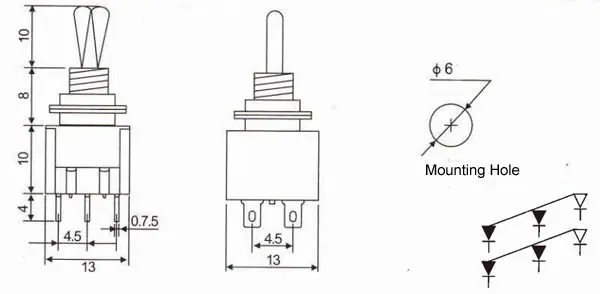 5 шт. тумблер красный 6-Pin DPDT ON-5A/120VAC 2A/250VAC