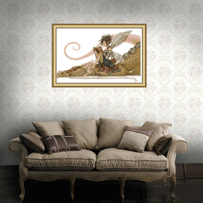 Joy Sunday The girl sat on the dragon reading a book Counted Cross Stitch DIY 14CT and 11CT For Embroidery Home Decor