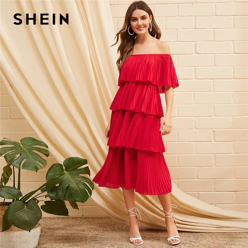 

SHEIN Foldover Front Off Shoulder Layered Pleated Dress Solid Ruffle High Waist Women Dresses Glamorous Summer Dress