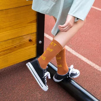 

12 Pairs/lot Original Old Concise Letter Tide Brand Solid Color In Tube funny Men cotton And Women No Use Long Socks dress