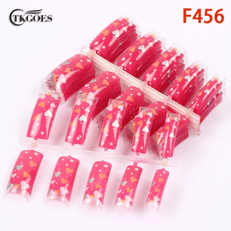 

TKGOES 100pcs Fake Nails Art Tips Lovely Hearts Shape Pattern Pre Designed Nail Tips French Half Nail Art Tips Super Deals F456