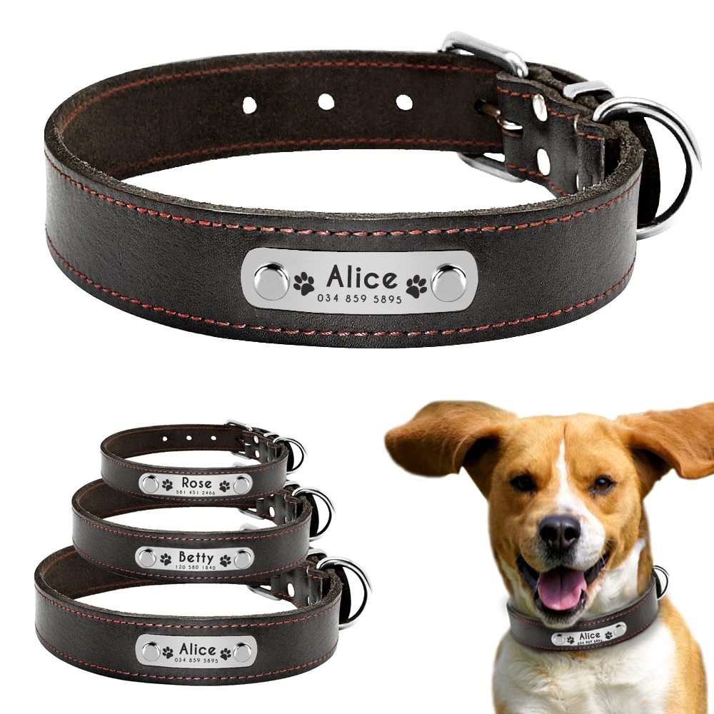 Customized Dog Collar Genuine Leather Personalized Adjustable Dogs ID Collars Anti Lost For ...