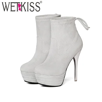 

WETKISS Latest Fashion Woman Ankle Boot Flock Stiletto Lady High Heel Boot Platform Lace Women Booties Shoes 6 Color Size 34-43