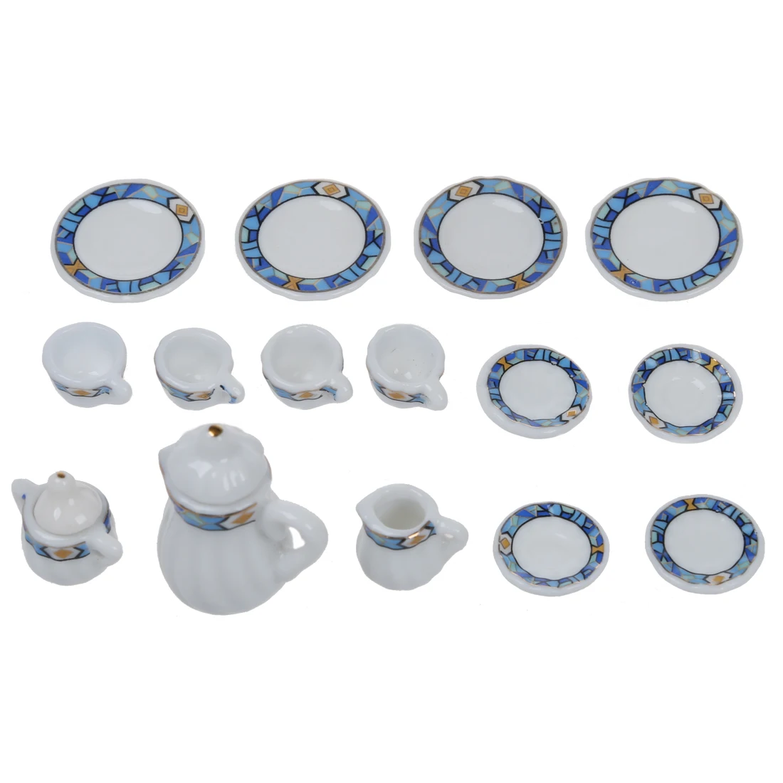 

ABWE Best Sale Set of 15pcs 1/12 Dollhouse Miniature Dining Ware Porcelain Tea Set ---White + Blue Puzzle