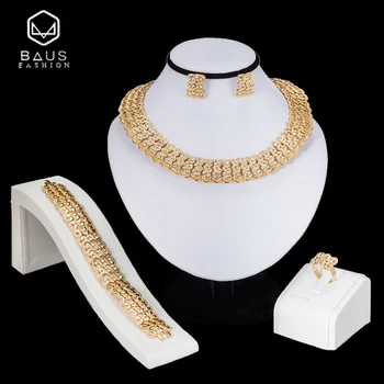 

BAUS Nigeria Gold Color Wedding Jewelry Sets African Beads Jewelry Set Bridal Imitated Crystal Costume big Necklace Earrings set