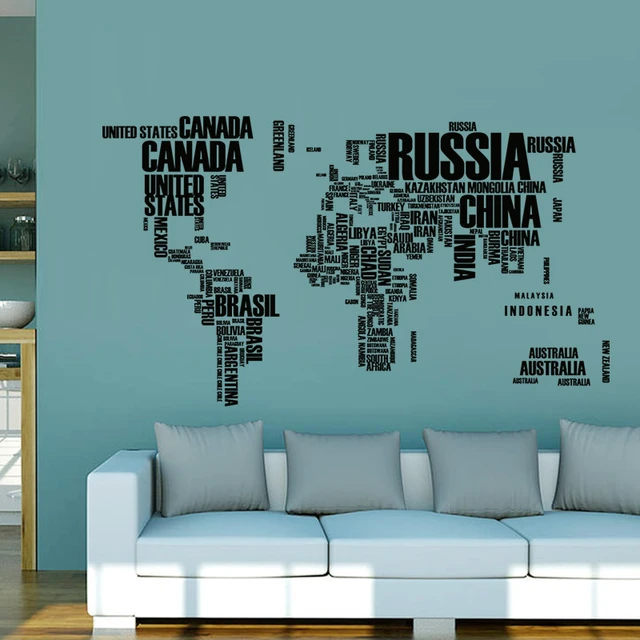 Vinilo adhesivo para pared con nombres de país, diseño de mapa del mundo,  color negro