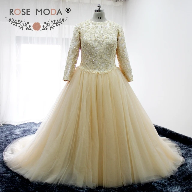 Rose Moda Vintage High Neck Long Sleeves Champagne Wedding Dress ... Rose Moda Vintage High Neck Long Sleeves Champagne Wedding Dress ...