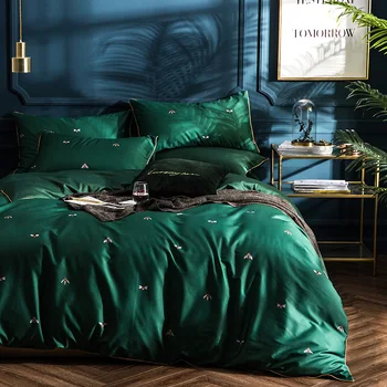 

60S High Quality long staple cotton Duvet Cover 4pc Neo Boho Bedlinen Sheet Long staple cotton green color INS honeybee Bedding
