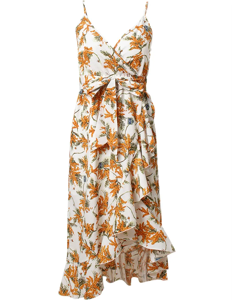 Women Floral Print White Sleeveless Boho Style Beach Dress