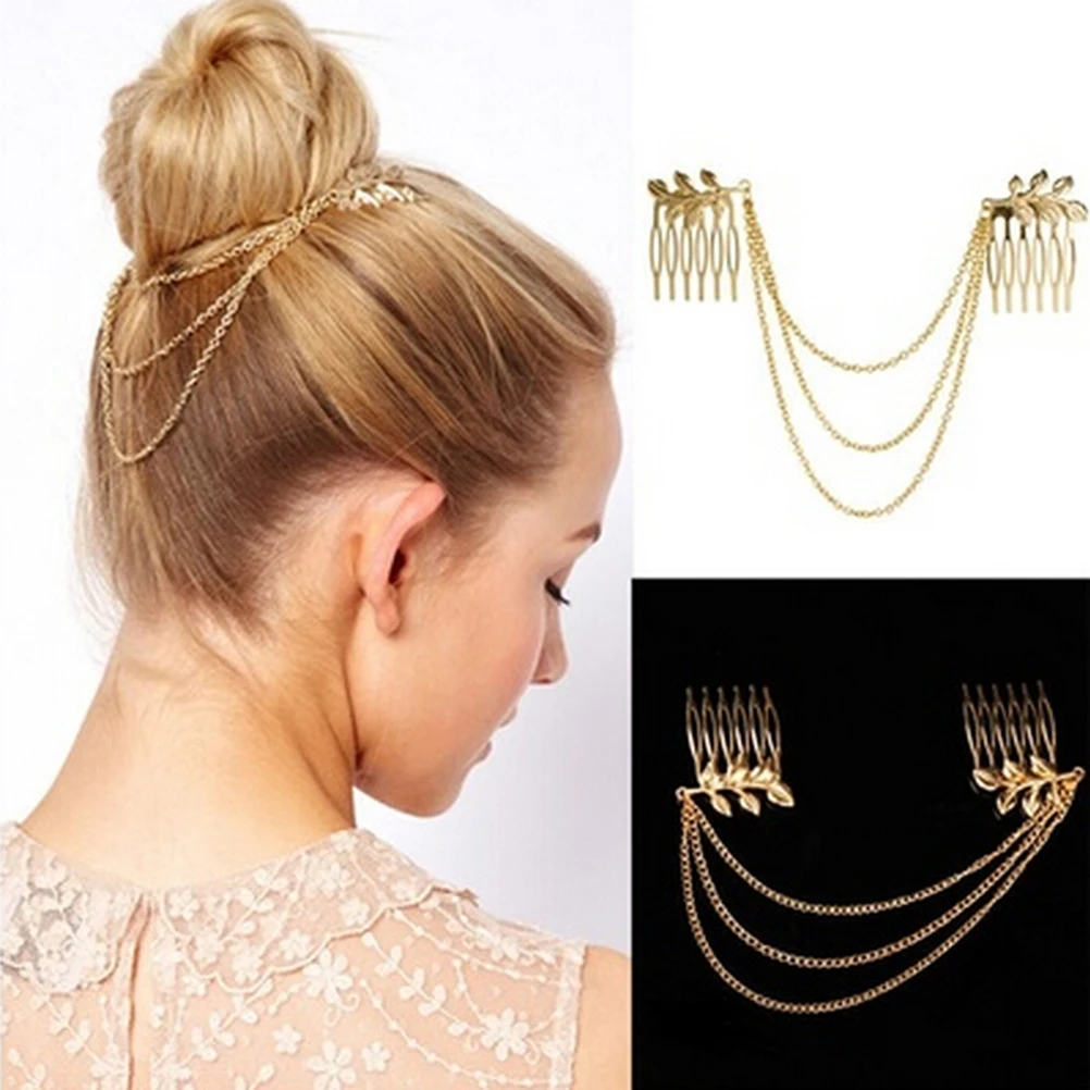 TEROKK Double Gold Chain With Leaf Comb Head New Headbands For Women Girl Lady