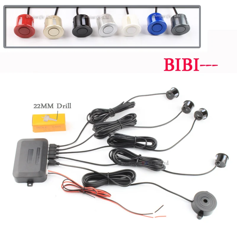 Koorinwoo 4 Sensors Buzzer 22mm Car Parking Sensor Kit Reverse Backup Radar Sound Alert Indicator Probe System 12V Parktronic 