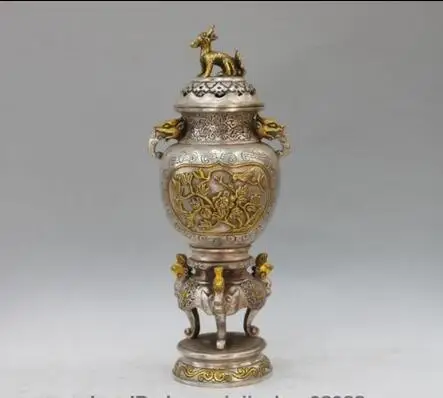 

China Royal White Copper Silver Gilt Kylin Bird flower Incense Burner Censer