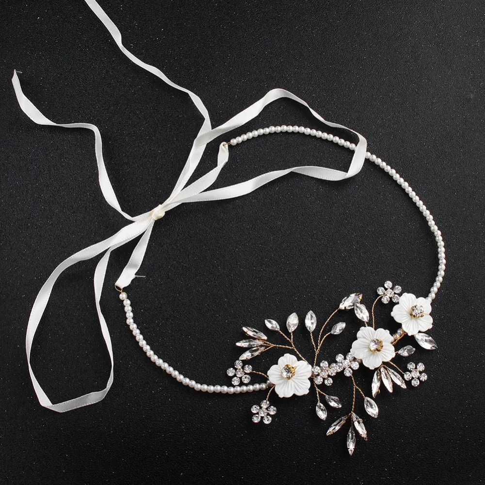 

Pearl Hairbands Hair Jewelry Wedding Flower Rhinestone Wedding Hair Ornament Handmade Head Decoration Long Ribbon Tiara
