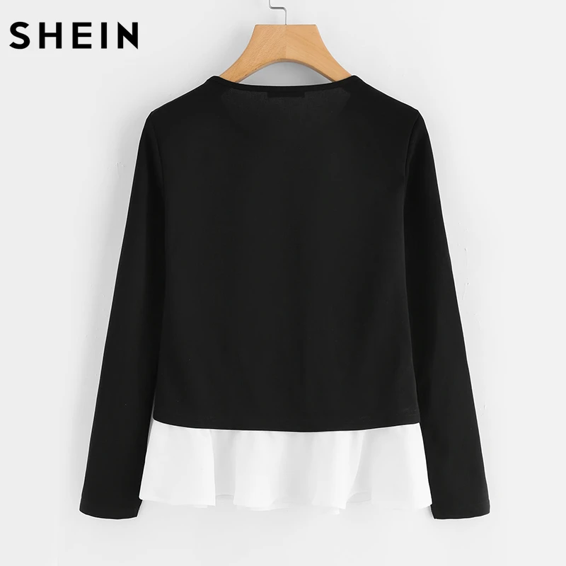 Billig SHEIN Perle Perlen Hals Kontrast Trim Tops Schwarz und Weiß Farbe Block Herbst Top Langarm Elegante T shirt