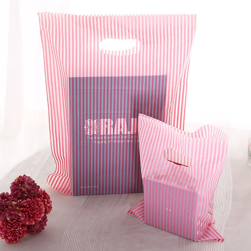 

15x20cm Pink / Black Stripe Plastic Bags With Handles Lot 100pcs/lot Mini Jewlery Gift Packaging Plastic Bag Shopping H012