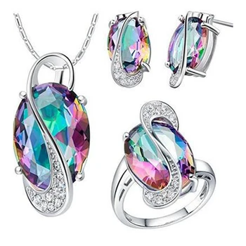 

Blucome Mrico Paved Zircon Colorful Jewelry Sets For Women Girls Silver color Wedding Bridal Pendant Necklace Earring Ring Set