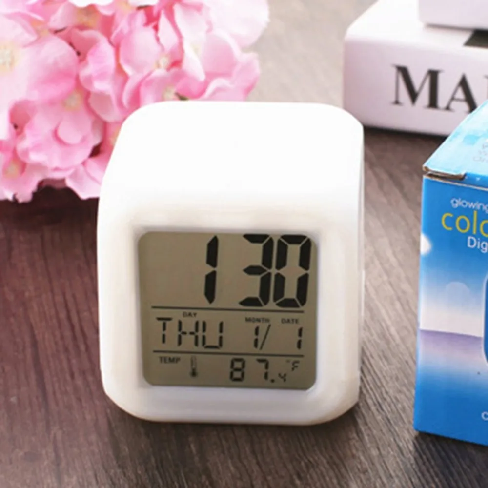 Portable Lovely Fashion 7 Colors Change Square Digital Alarm Clock with LCD Screen Display Luminous Mode Home Office Use