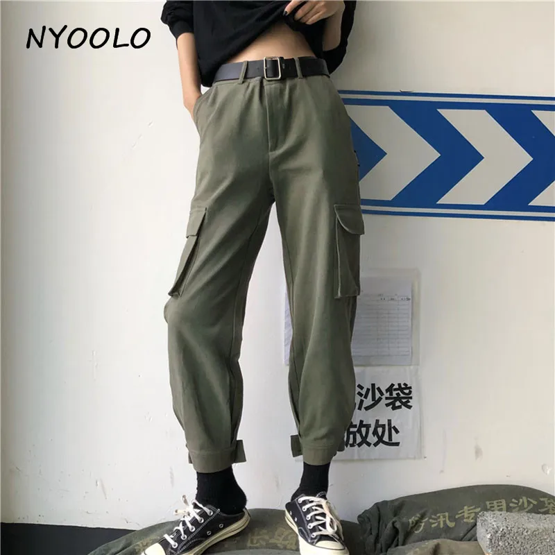 

NYOOLO Harajuku design Loose handsome big pockets cargo pants casual solid color high waist ankle-length harem pants women