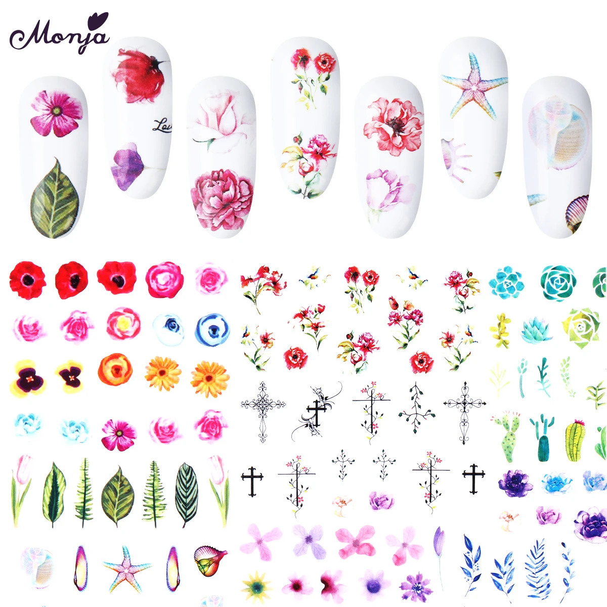 

Monja 24 Sheets/Set Nail Art Flower Series Water Transfer Stickers Elegant Colorful Pattern Decals DIY Decoration Accessories