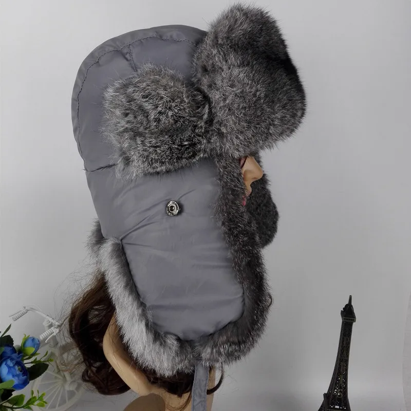 Для женщин с натуральным кроличьим мехом меховые шапки-бомберы тканевое покрытие зимние теплые шапки модные ушей головные уборы для любителей LF4053