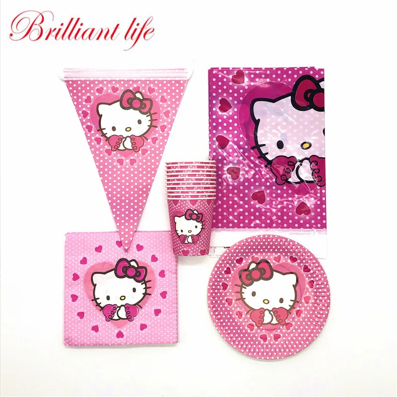 

81pcs/lot Hello Kitty Theme Kids Birthday Party Decoration Event Paper Cup Plate Napkin Tableware Pink Banner Tablecloth Supply