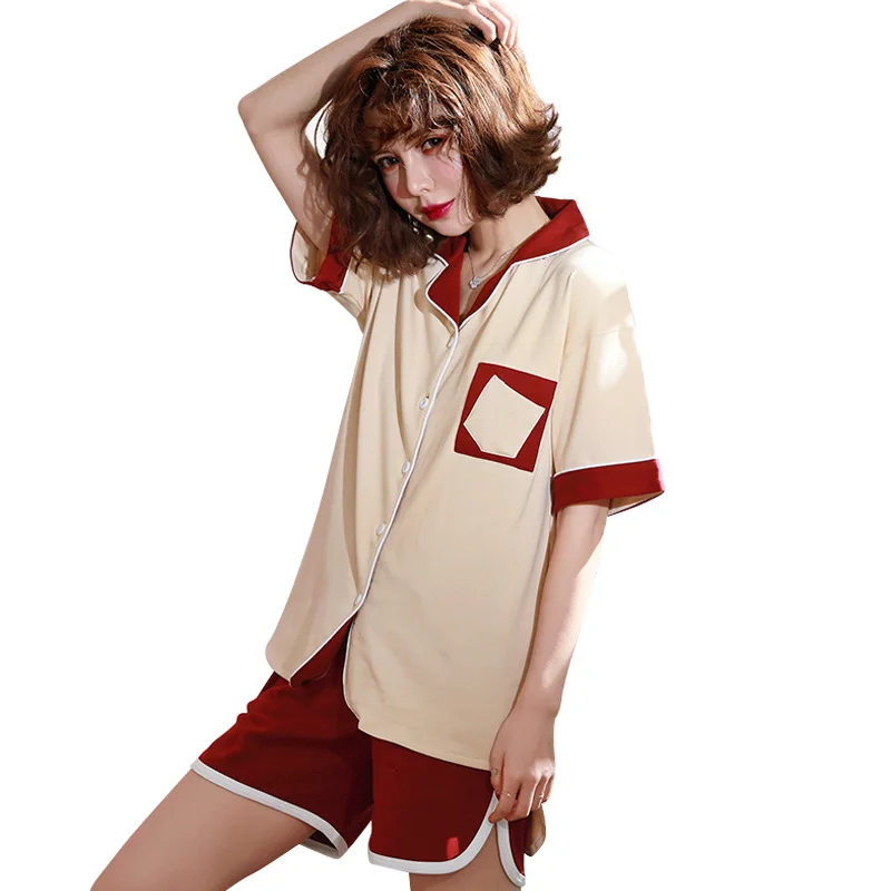 Карман в передней части Top and Pants Pajama Set отложным воротником женщина пижамы летние