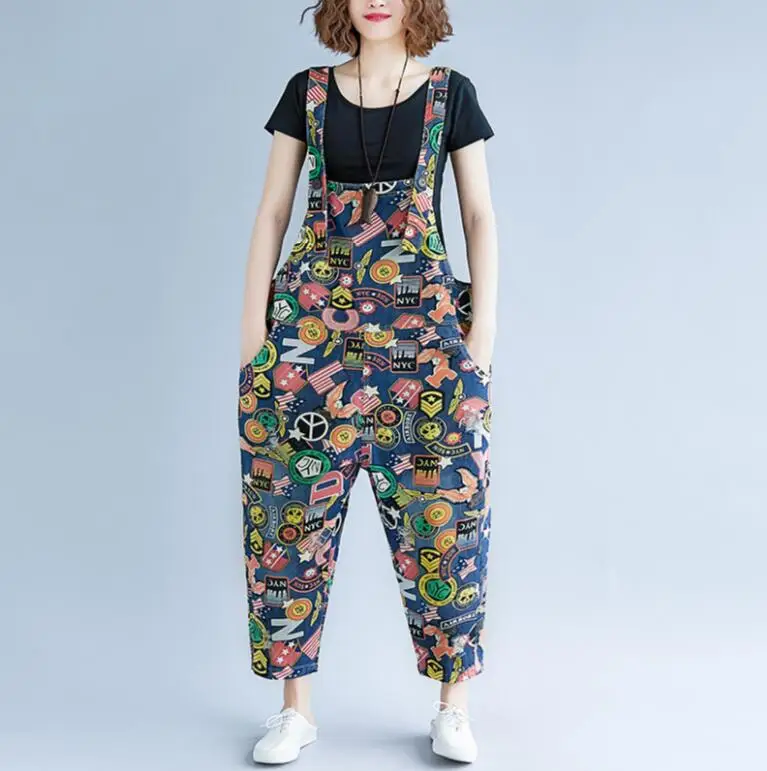 

Women Denim Jumpsuits Vintage Abstract Printed Denim Overalls Female Feet Wide Harem Pants Denim Rompers Jeans s1992