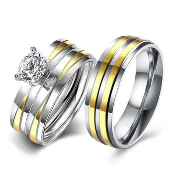 

Couple Rings Women 1ct Round Cut Cubic Zirconia Wedding Ring Sets Men Stainless Steel Stripe Ring Band Wedding Rings YOLO Jewels