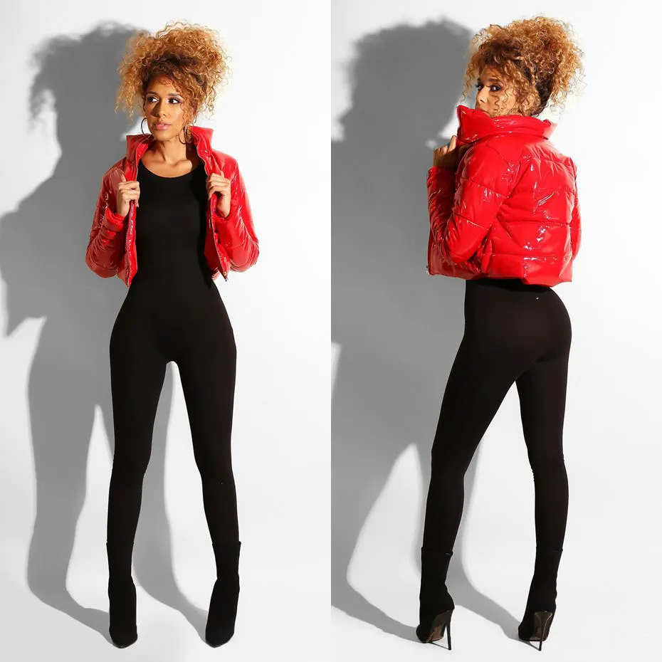 HAOYUAN Plus Size PU Leather Bubble Coat Warm Clothes Short Parka Padded Jacket Outerwear Ladies Long Sleeve Winter Jacket Women