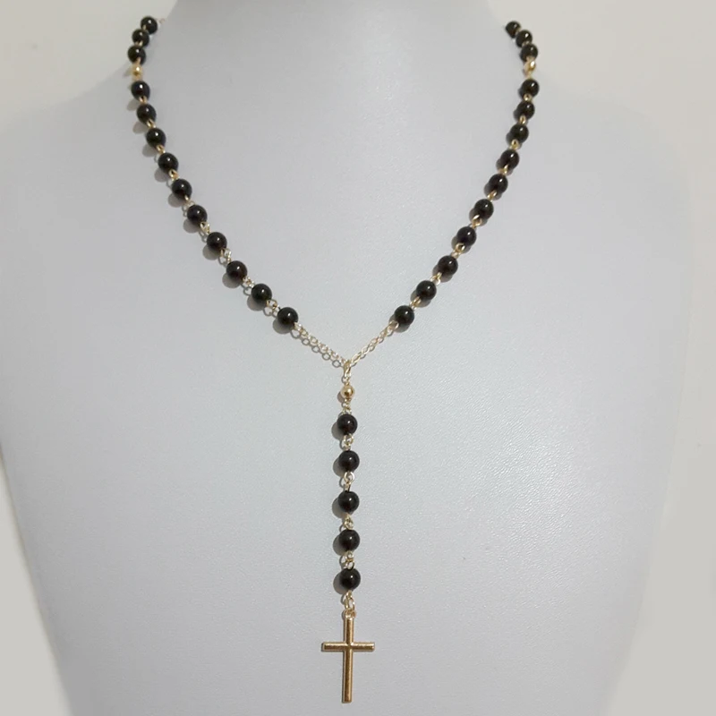 Модный христианский крест, ожерелье с подвеской, четки, Вера, черные бусы, бисерная цепочка, ювелирные изделия, аксессуары для женщин, подарок