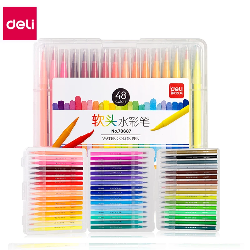 

Deli Color Pen Kids Watercolor Pen Soft Nylon 12/24/36/48 Colors Pastel Watercolor Pen Kids Graffiti Painting Drawing Papelaria
