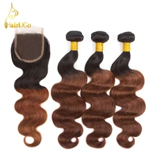 HairUGo Hair Pre-colored Peruvian Omber Body Wave Hair 100% Human Hair 3 Bundles With Clousre Hair Extensions Non Remy #1B/33