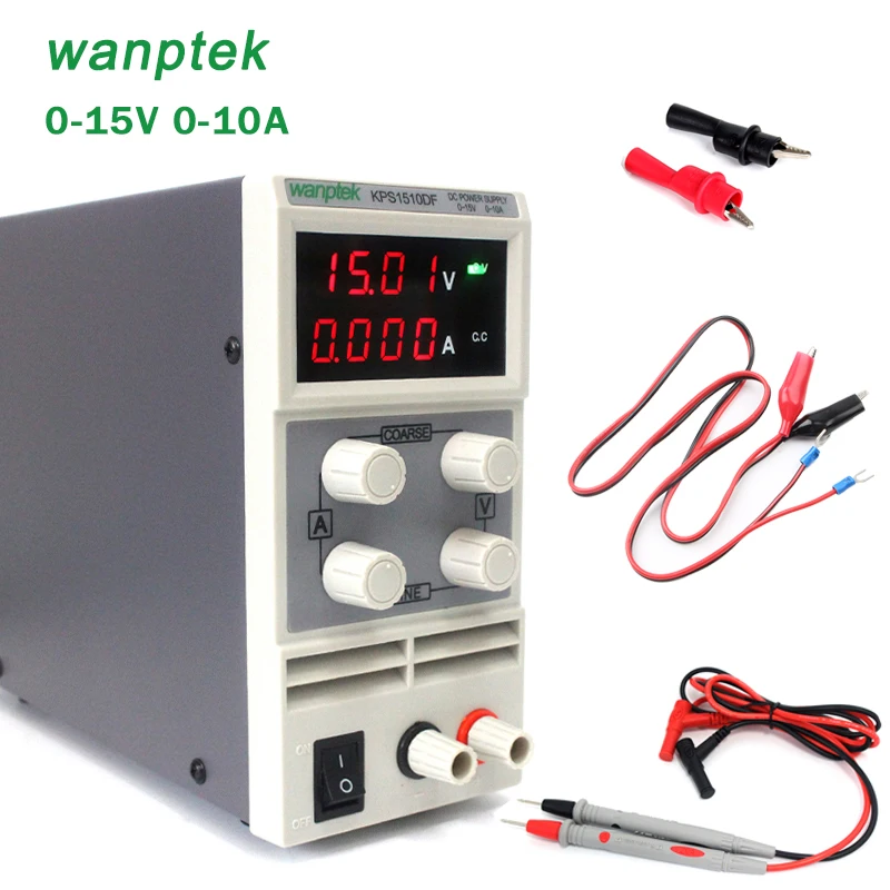 

110V Input 15V 10A Output Precision Variable Digital mini adjustable DC Power Supply with Alligator clip Tester Probe Set