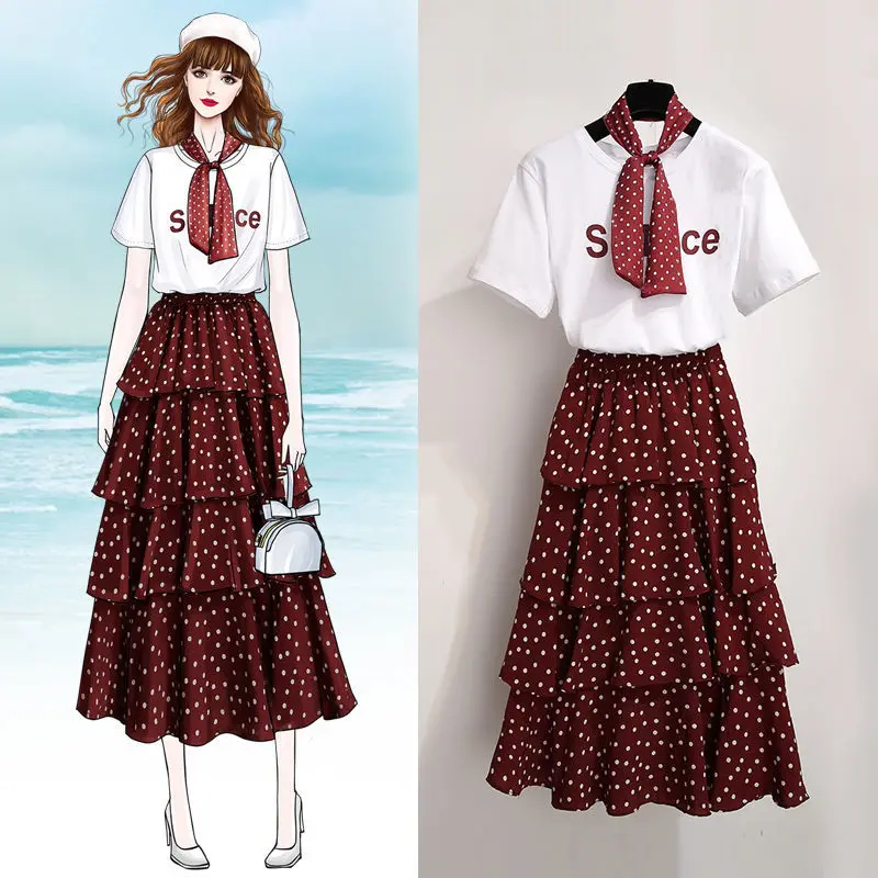 

2019 Summer Casual 2 Piece Sets Women Two Piece Sets T-shirt+Mesh Layer Long Skirt Set Lady Clothings Tops Polka Dot Skirts Suit