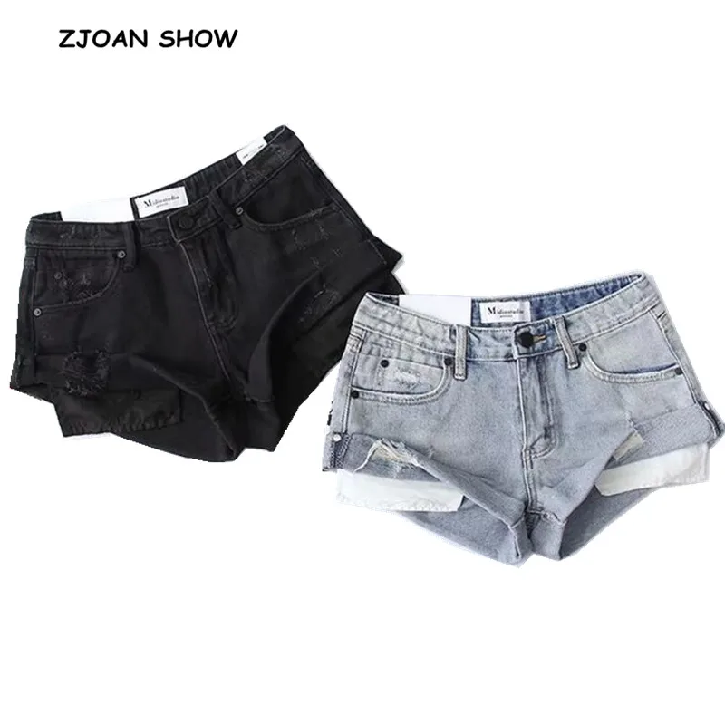 2 цвета, высокая уличная высокая талия, закатанные манжеты, короткие джинсовые шорты, рваные джинсовые короткие штаны, сексуальные летние Широкие штаны, короткие джинсы для женщин