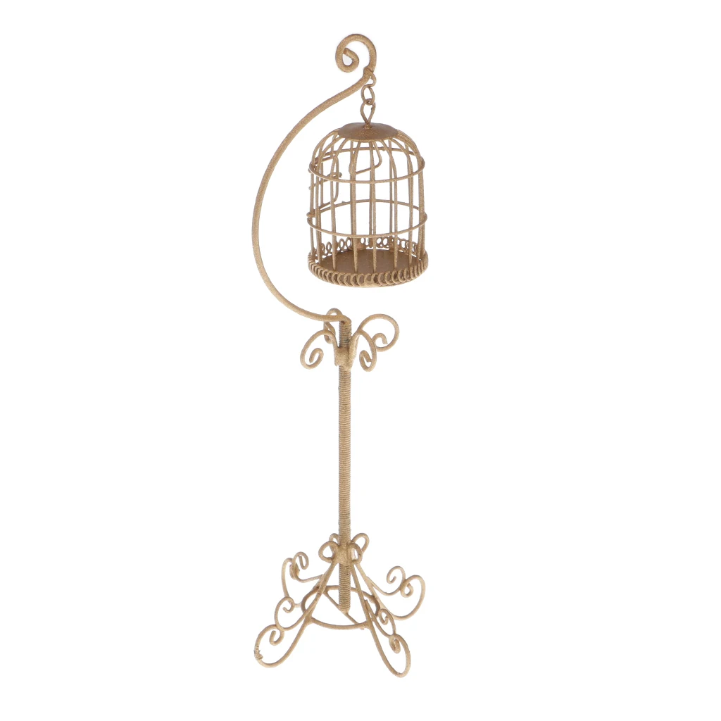  1:12 Scale Vintage Metal Bird Cage with Holder Stand Dollhouse Miniature for 12th Dolls House Decoration Accessories