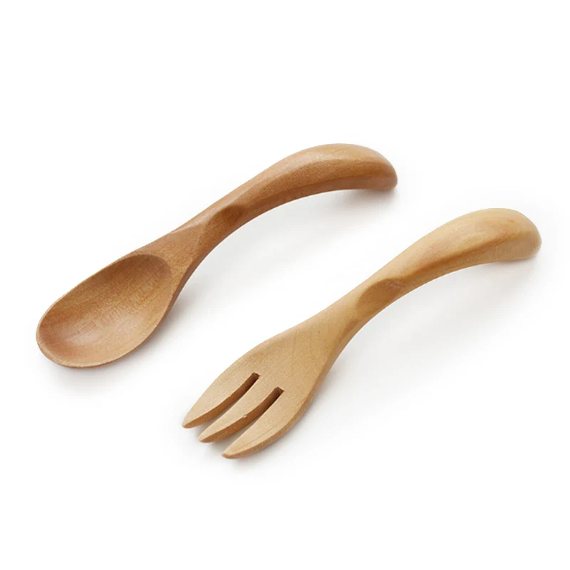 

Natural Wood Tableware Spoon Fork Handmade Eco-friendly Wooden Dinnerware Set For Baby Kids