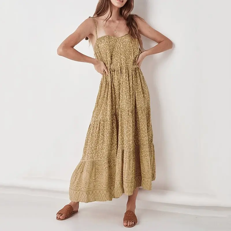 

Summer Elegant Sexy Sweet Yellow Big Size Women Long Dresses Chiffon Party Ladies Strapless Backless Leopard Travel Beach Dress