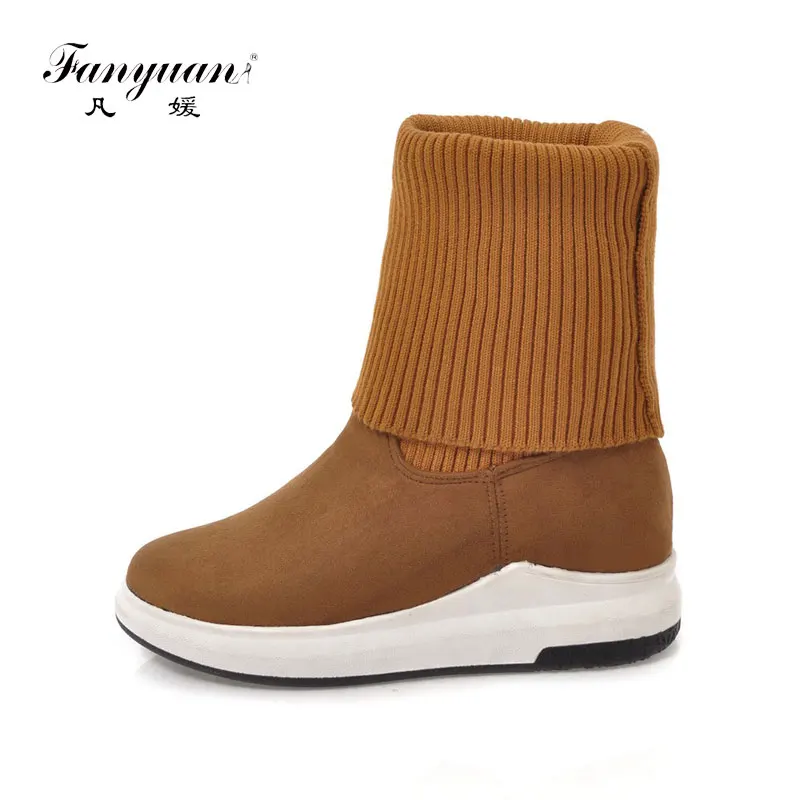 

Fanyuan Autumn Comfortable Mid-calf Boots Slip-On Knitted Stretch Boots Platform Flat Women Boots Solid Winter Short Plush shoes