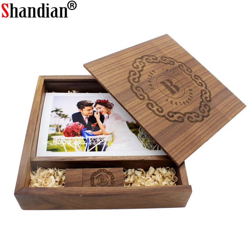 

SHANDIAN 1PCS FREE LOGO walnut Photo Unique Album Wood usb+Box Memory stick Pendrive 8GB Photography Wedding Studio 170*170*35mm