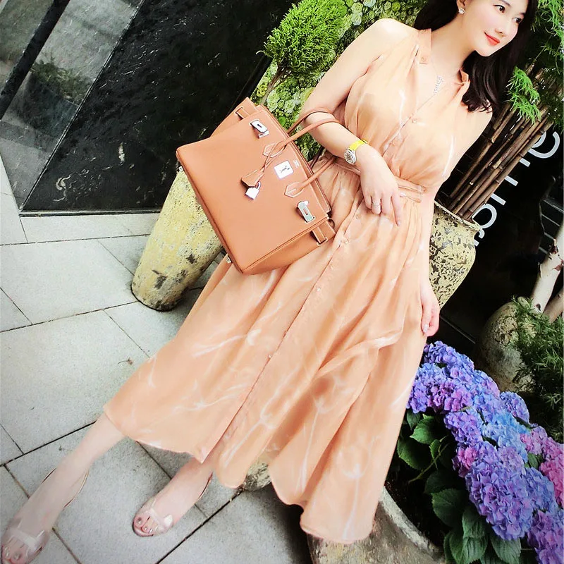 

KENVY Brand fashion women's high-end luxury summer slim chiffon halter sleeveless long dress