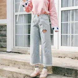 2018 Лето Корея Новинки для женщин небольшой свежий любовь Bts оставлены незаполненные ботильоны Lengeh штаны Harajuku качество джинсовые Широкие