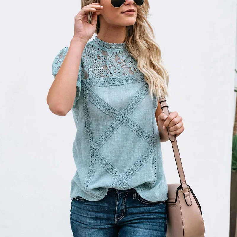 

Vintage Tops Blouse Boho Shirt Lace Hollowed Ladies Turtleneck Short sleeves