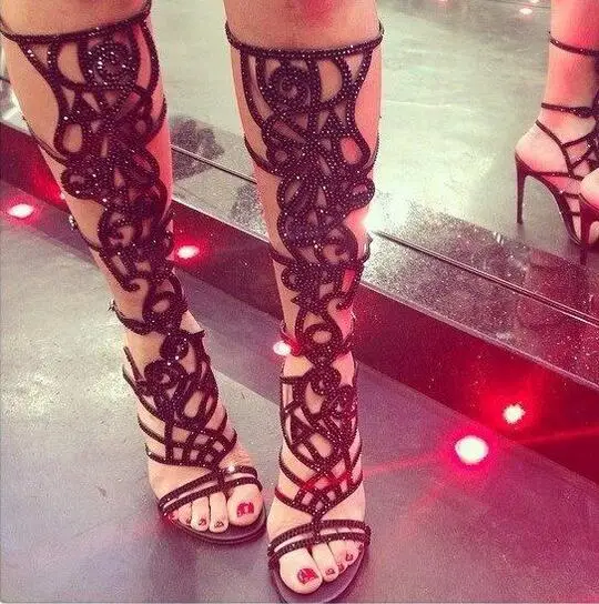 

2019 New Fashion Summer Rhinestone Long Boots High Heeled Crystal Gladiator Boots Sandal Tall Cut Outs Wedding Party Women Shoes