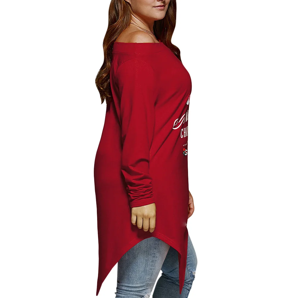 Wipalo Plus Size 5XL Christmas Skew Neck Asymmetrical T Shirt Casual Long Sleeve Cold Shoulder Xmas Tee Women Fall Winter Tops|Футболки| |