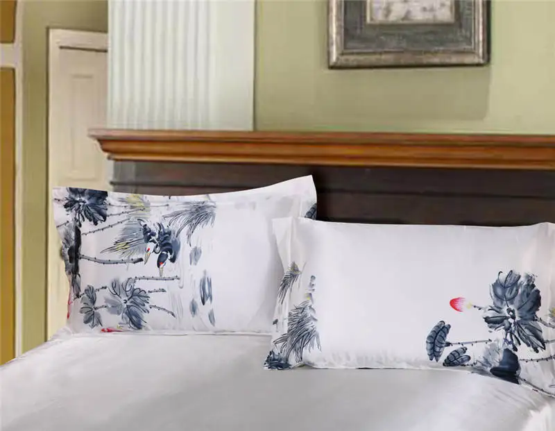 Juego de cama de seda satinada edredón cubre colchas doble reina tamaño king dormitorio decoración pintura china flor de LOTO - 2