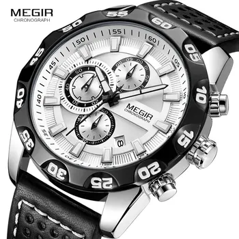 

Megir Leather Strap Sports Watches Men Chronograph Quartz Waterproof 3 Bar Military Wrist Watch Man Relogios Clock ML2096 W