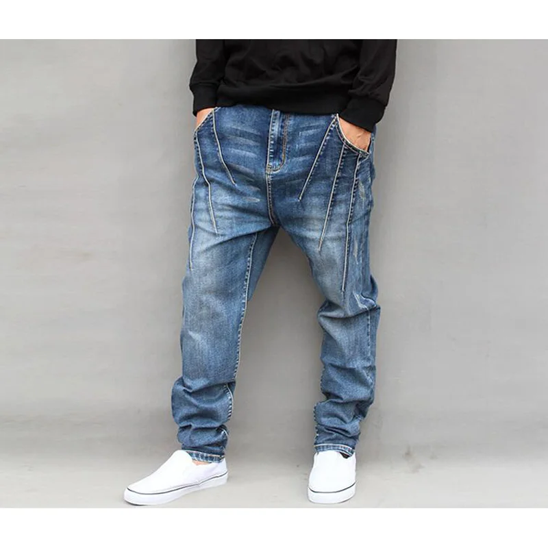 Для мужчин джинсы шаровары джинсовые джоггеры с заниженным шаговым швом свободные тянущиеся длинные брюки зауженные джинсы плюс Размеры