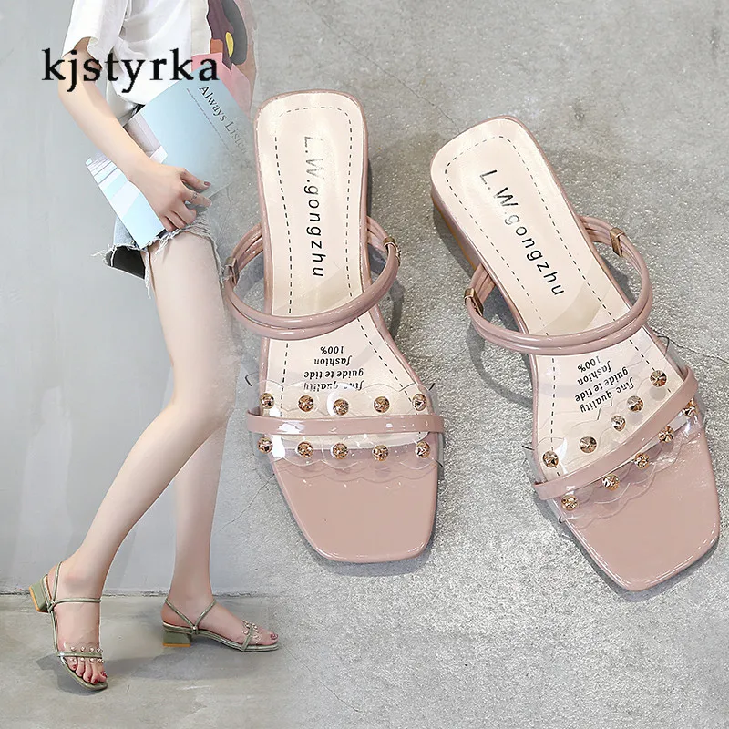 

Kjstyrka 2019 zapatillas mujer fashion two wears outside women slippers Transparent Summer square toe Rivet shoes mid-heels
